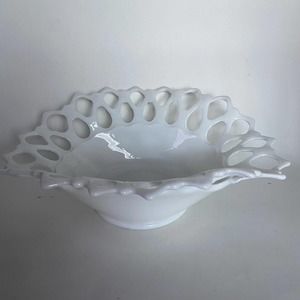 Westmoreland Bowl Doric Milk Glass Open Lace Lattice Fruit Compot 1960's